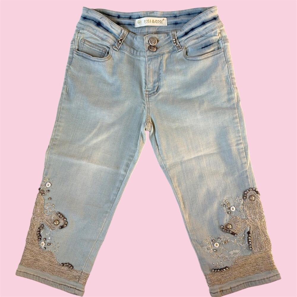 Rosa & Rose light blue denim capris with beaded floral embroidery